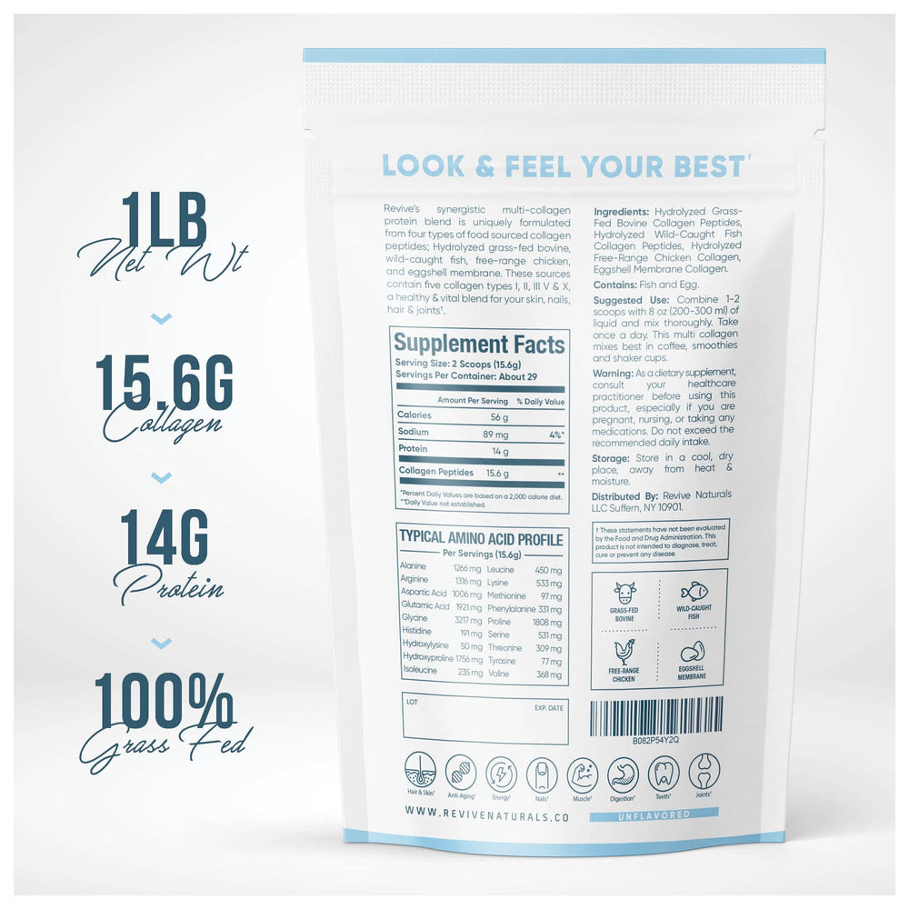 Revive Naturals label closeup highlighting clean, ethically sourced ingredients for aging support.