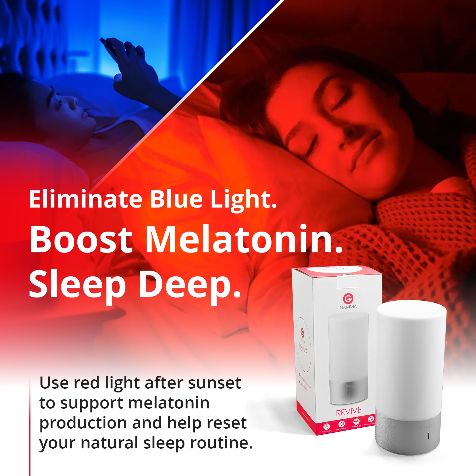 Revive red light sleep lamp casts amber tones for a peaceful bedroom atmosphere.