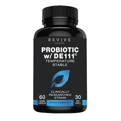Revive Herbs Advanced Probiotic with DE111 bottle showing 11.5B CFU for gut balance.