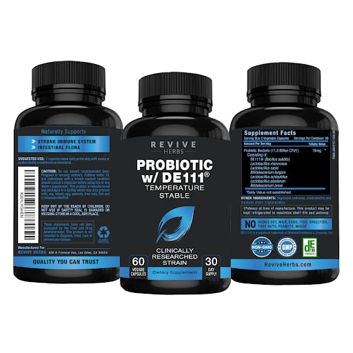 Revive Herbs probiotic bottle on shelf with label, convenient daily digestive support.