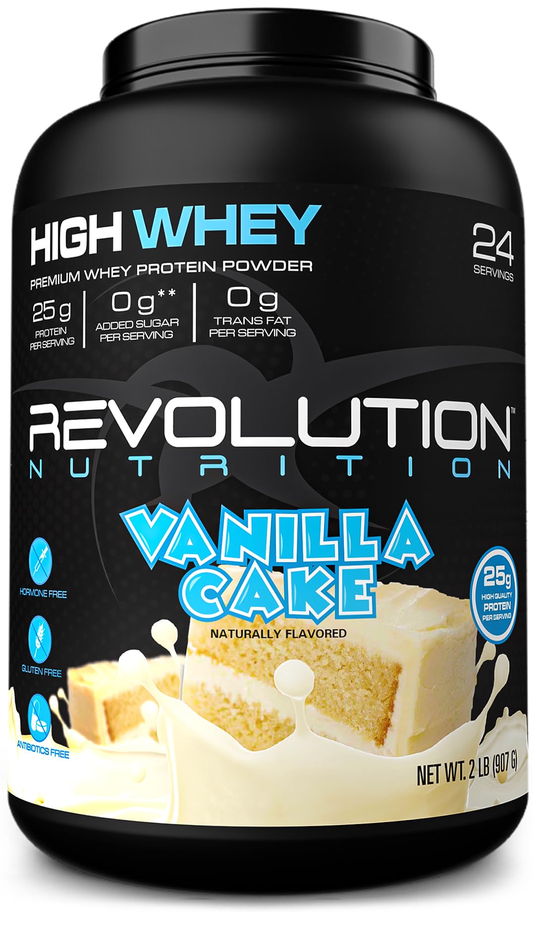Revolution Nutrition High Whey vanilla cake tub for protein-packed workouts and post-training recovery.