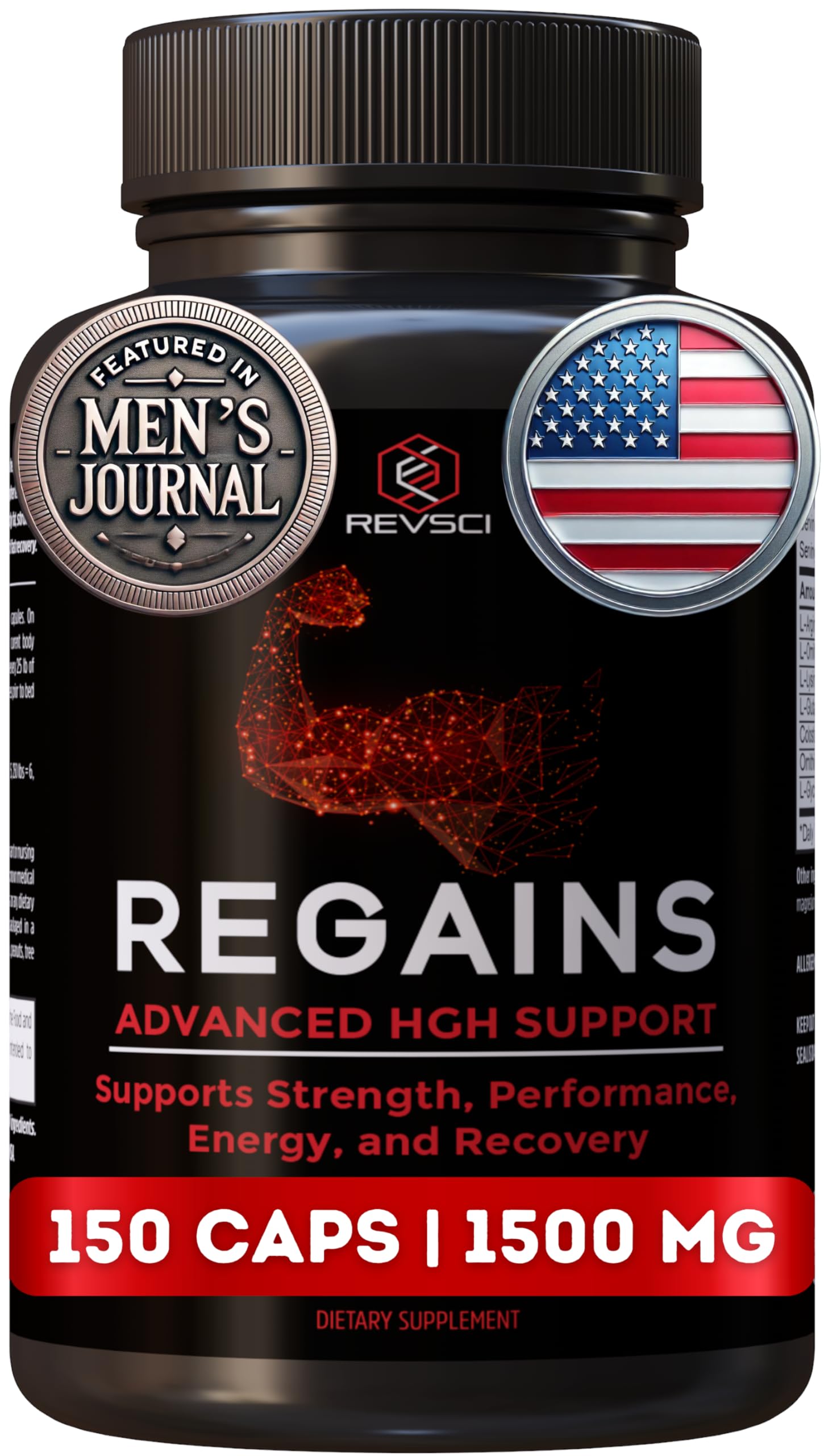 Revolution Science Regains bottle front showing HGH support for lean muscle growth