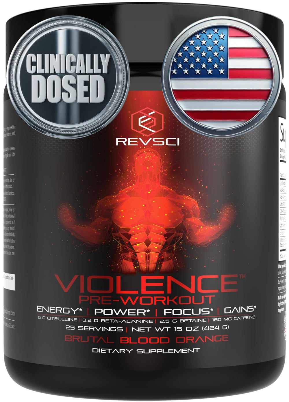 Revolution Science Violence pre-workout bottle front for steady energy during training.