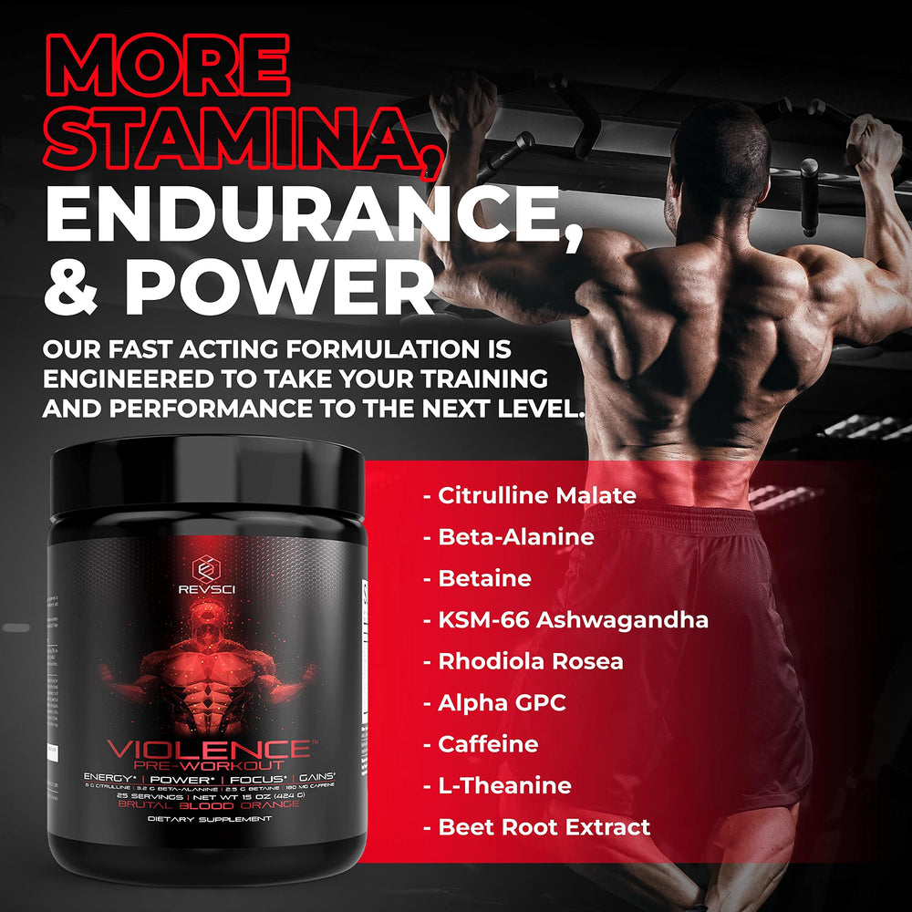 Violence pre-workout formula with citrulline and beta-alanine boosts endurance and pumps.