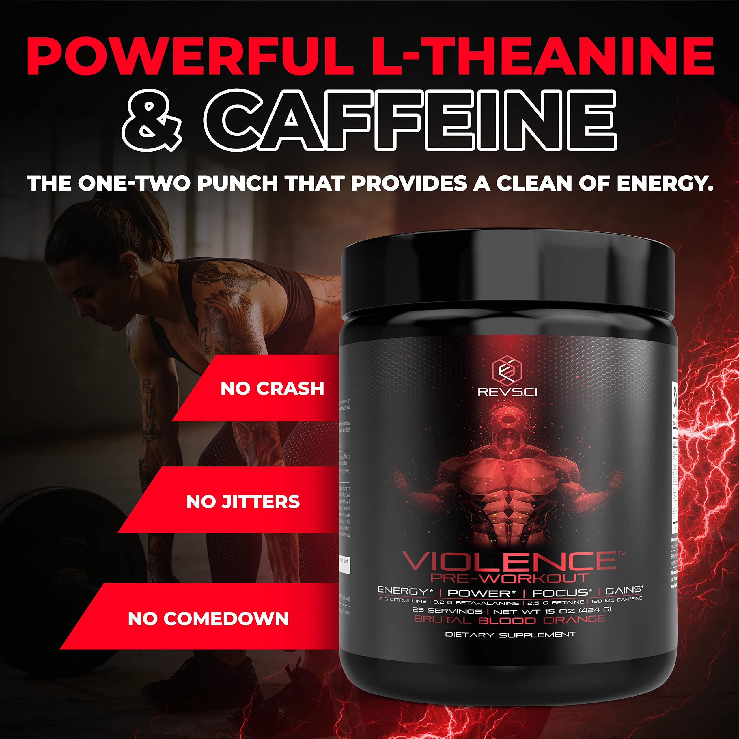 Revolution Science Violence pre-workout on gym shelf signals premium safety and quality.