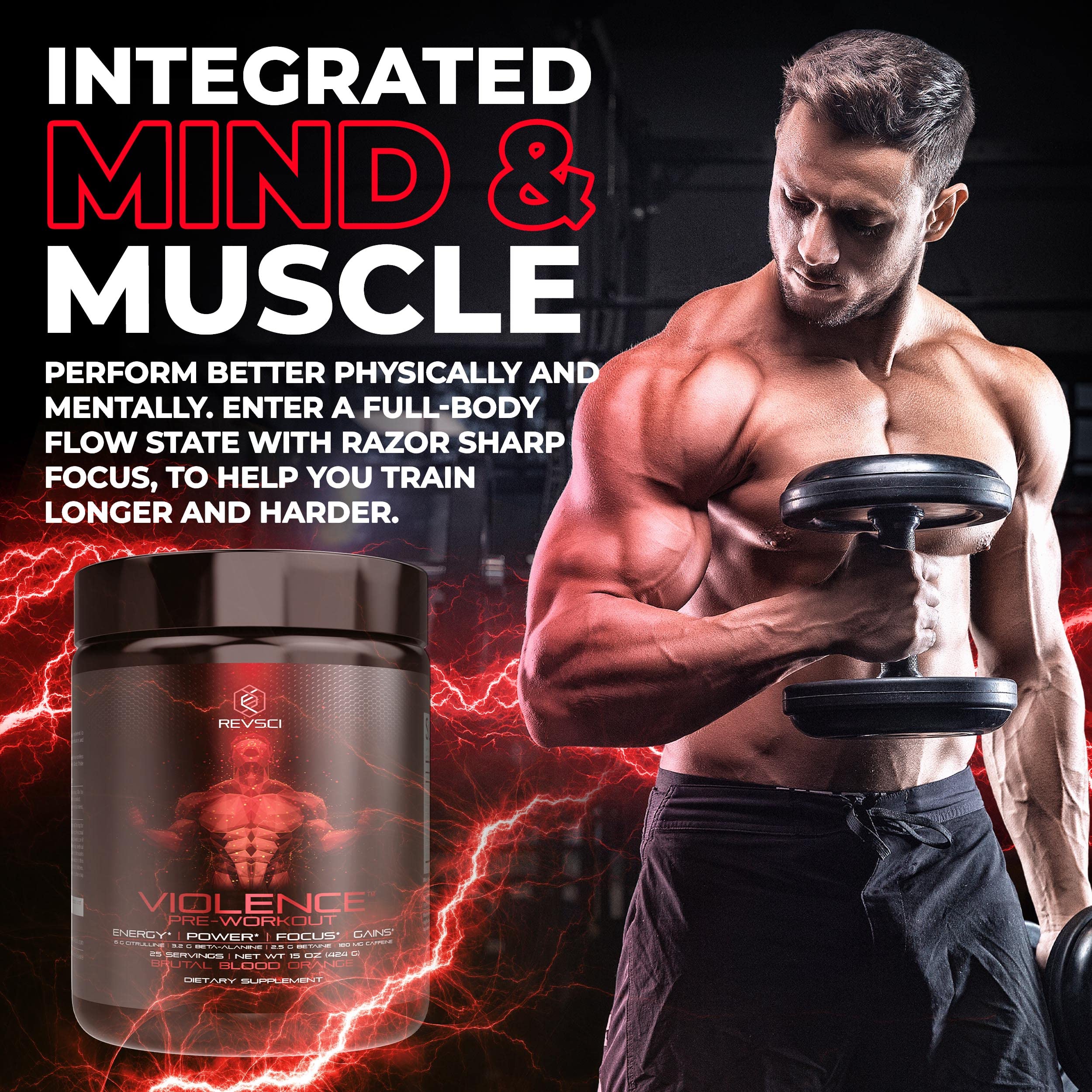 Violence pre-workout bottle features nootropic blend to support sharp focus and mood.
