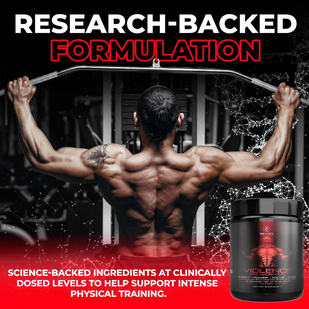 Revolution Science Violence label close-up highlights transparent, fully dosed ingredients.