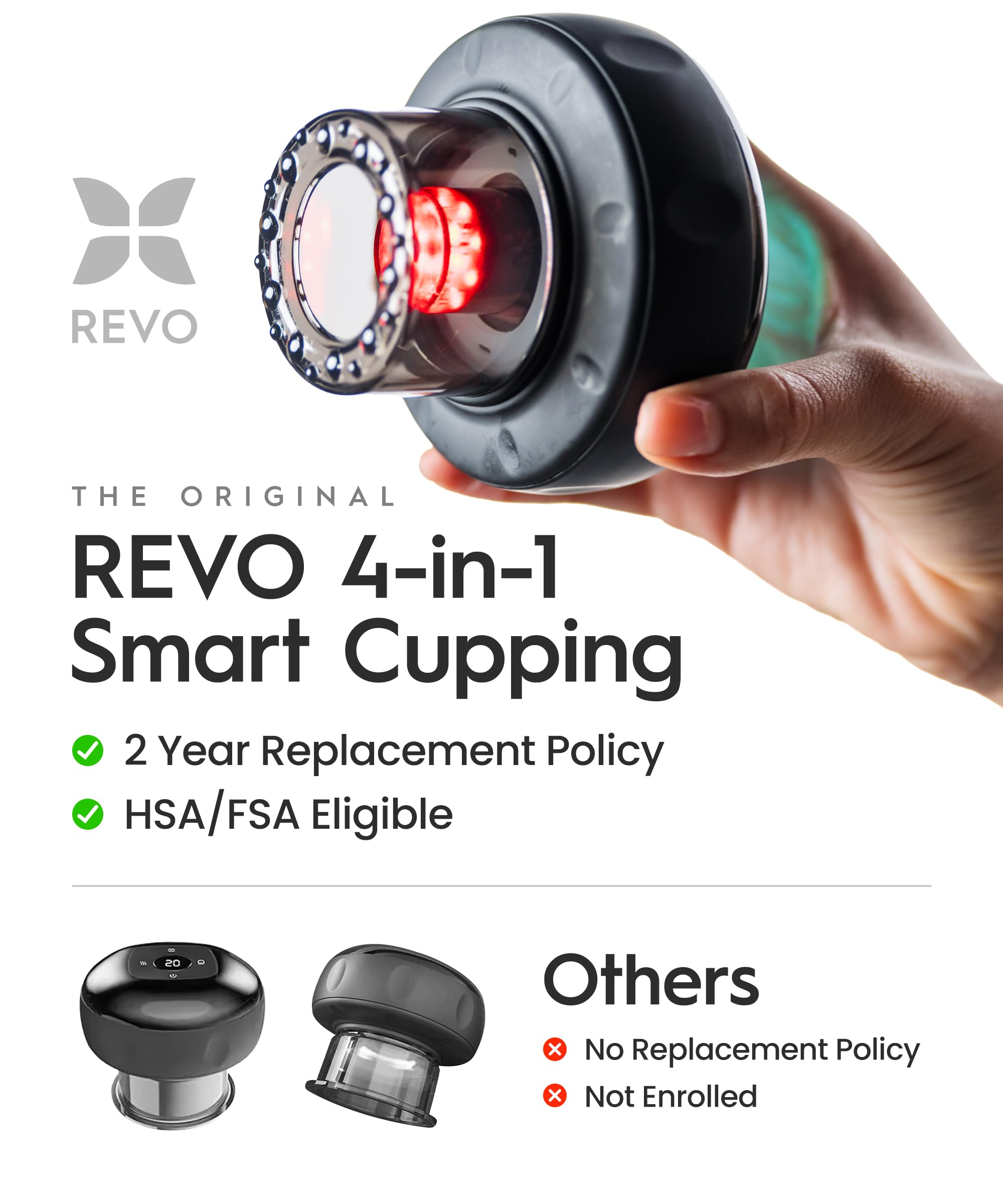 REVOMADIC REVO heated cupping therapy heats skin for deeper, soothing massage.
