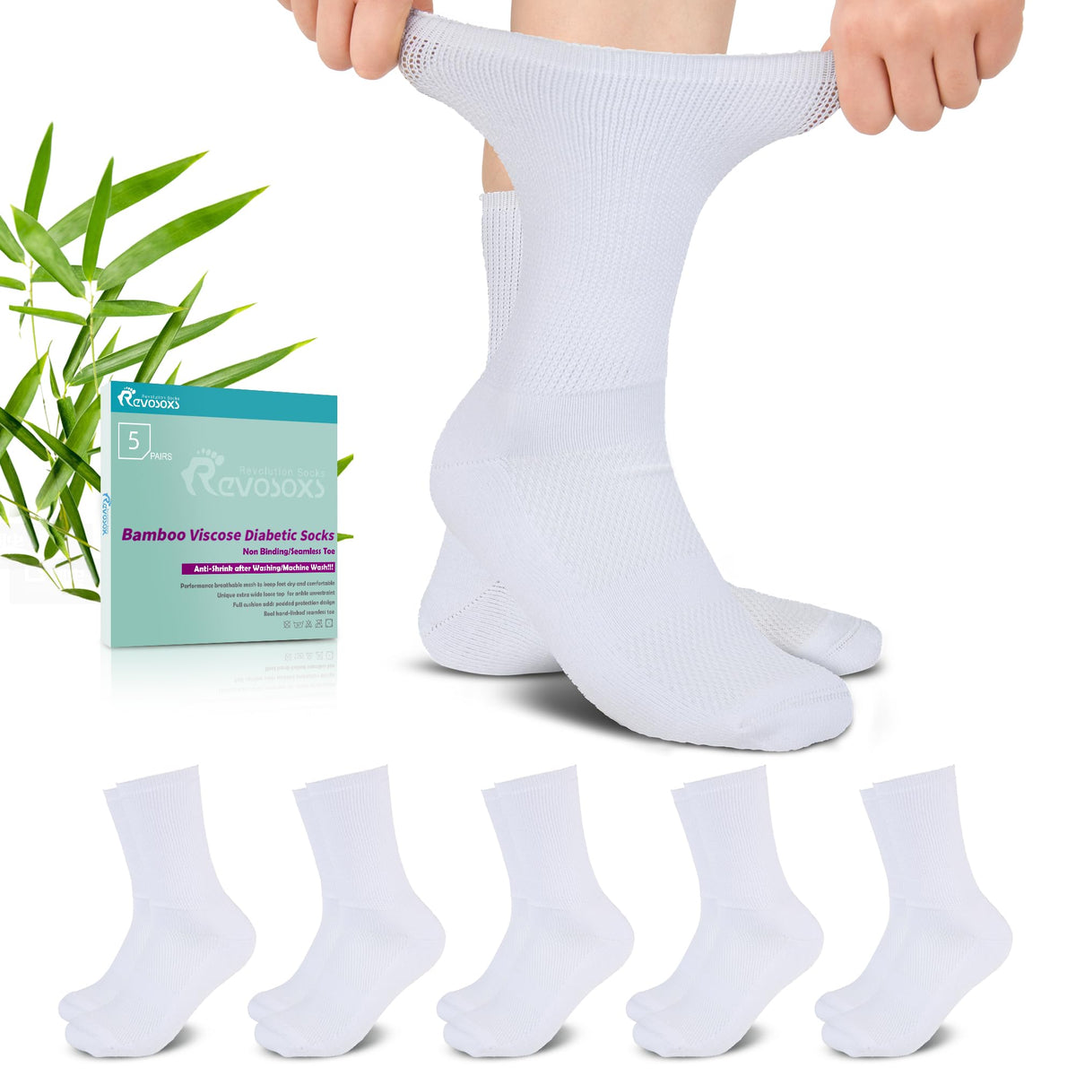Revosoxs diabetic crew socks white close-up showing breathable viscose blend for dry, comfortable feet