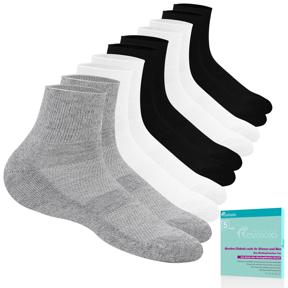 Revosoxs diabetic socks bundle in black, white, grey for daily comfort and moisture control.