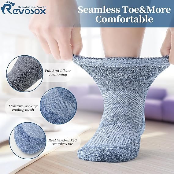 Revosoxs diabetic socks hand-linked seamless toe for smooth toes and added comfort.