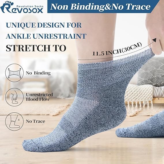 Revosoxs diabetic socks loose top design highlighting non-binding ankle fit for relaxed wear.
