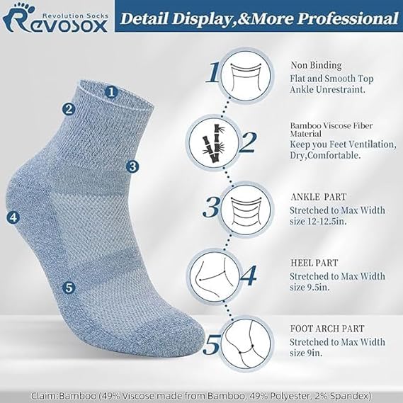 Revosoxs diabetic socks size range 5-13 accommodates men and women with relaxed fit.