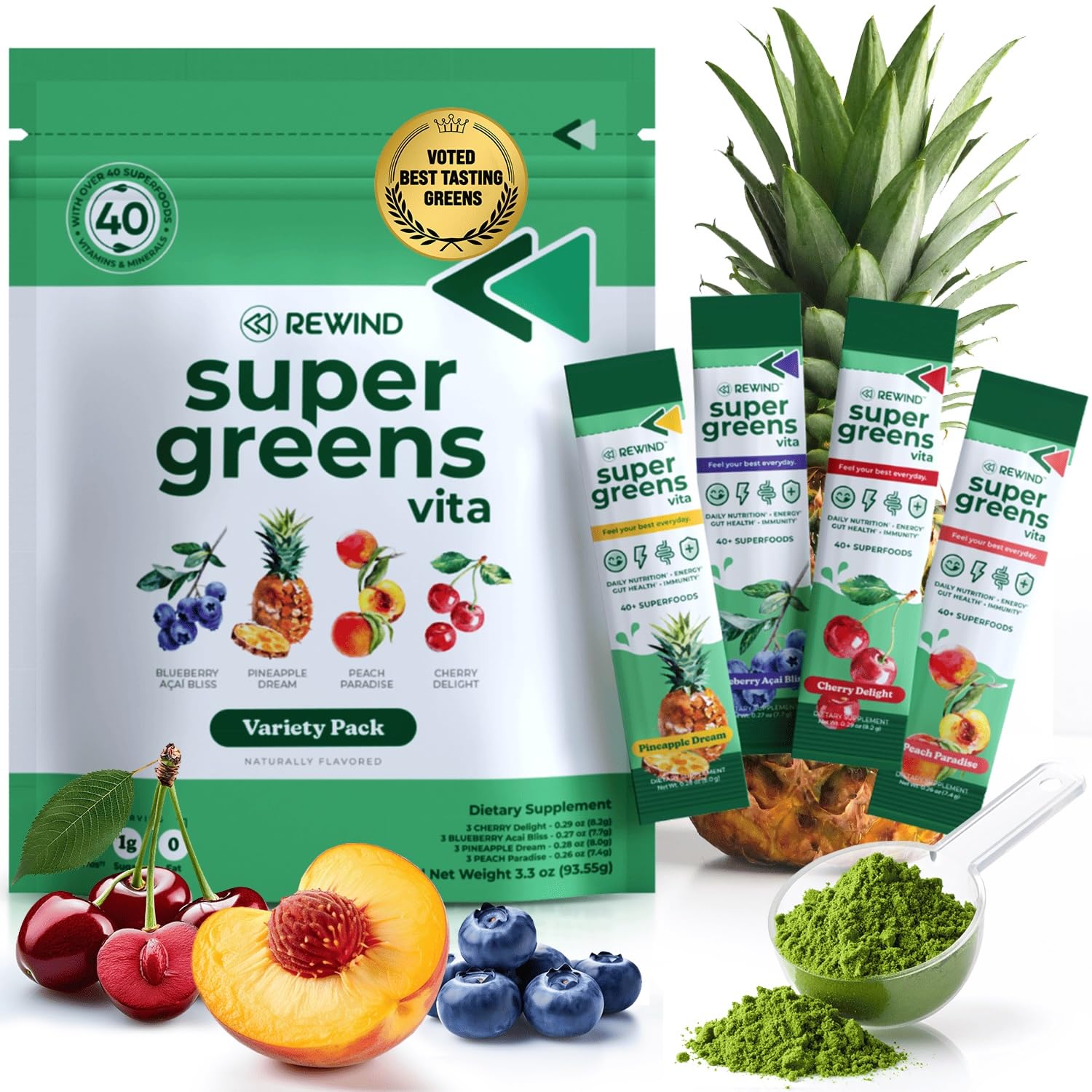 Rewind Best Tasting Vita Variety stick pack for convenient daily greens on the go.