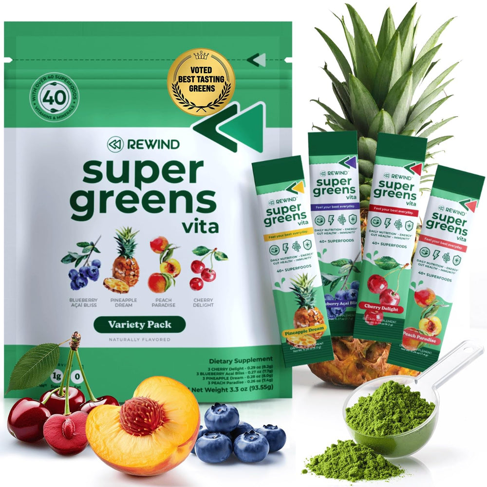 Rewind Best Tasting Vita Variety stick pack for convenient daily greens on the go.