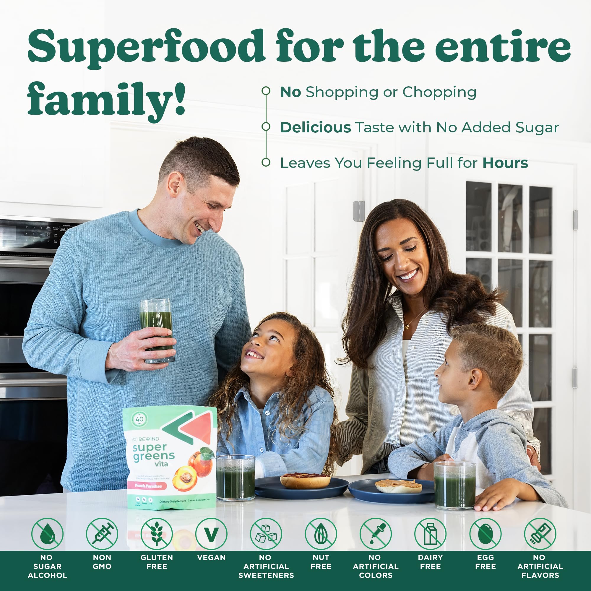 Rewind USA-made greens powder packets for quality, transparency, and convenience.