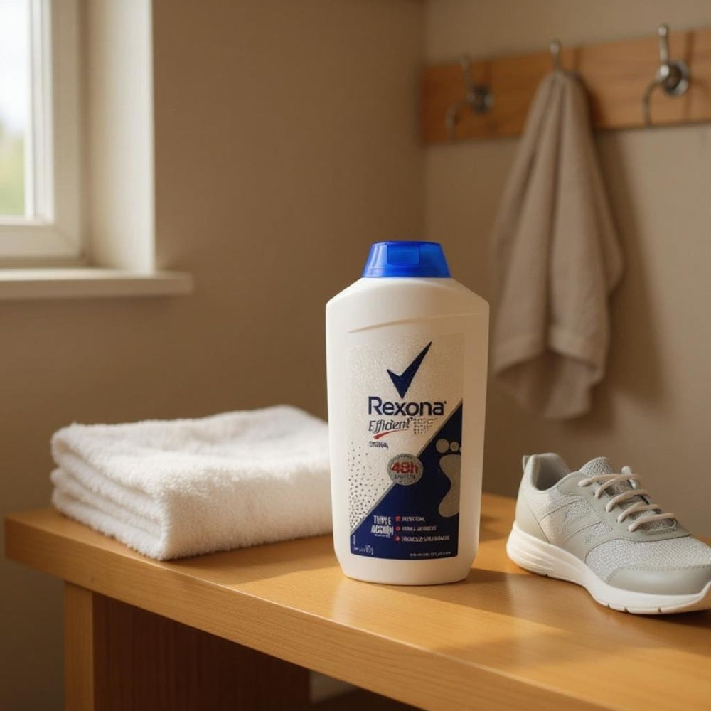 Rexona foot powder being dusted on feet for dryness and comfort.