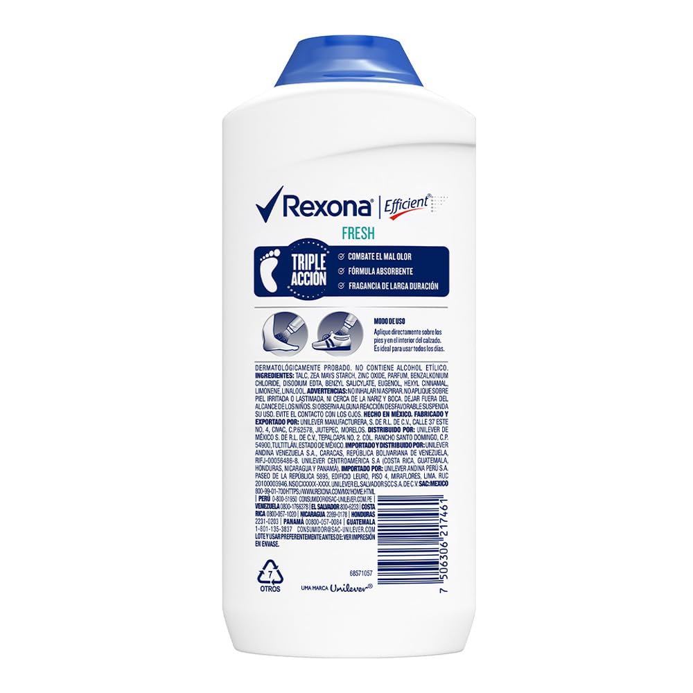 Rexona foot powder packaging front, clear label and compact design for easy storage.