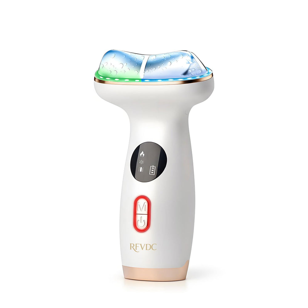 RFVDC Cold Heat Massager on face and neck for contouring and depuffing.