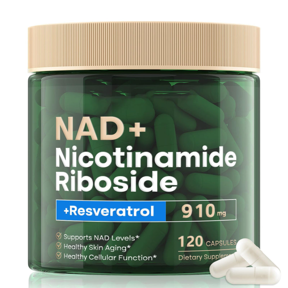 RHBESTOK NAD supplement bottle closeup showing the 120-capsule container for daily use