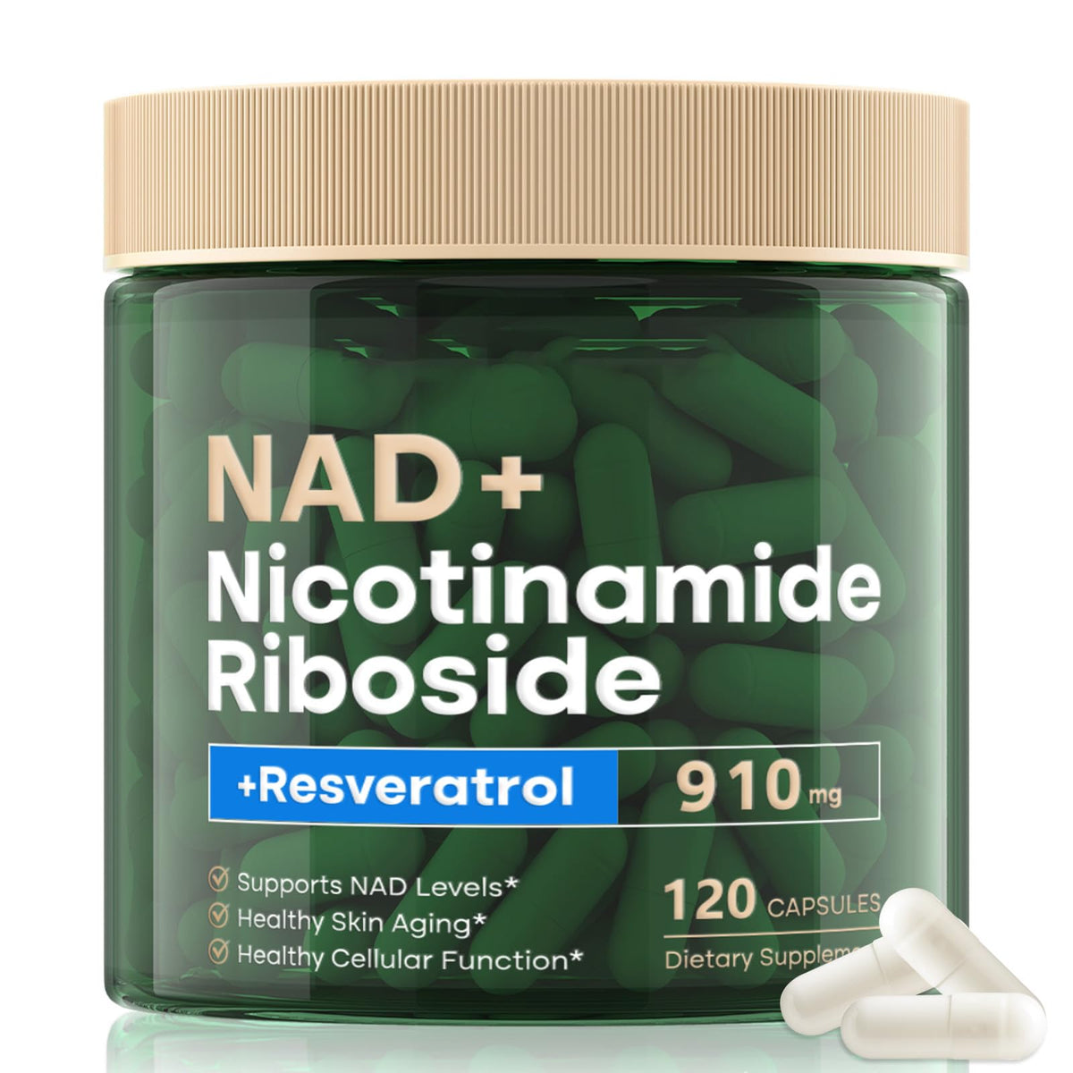 RHBESTOK NAD supplement bottle closeup showing the 120-capsule container for daily use