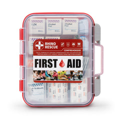 Rhino Rescue 371-piece first aid kit contents neatly organized for quick access.
