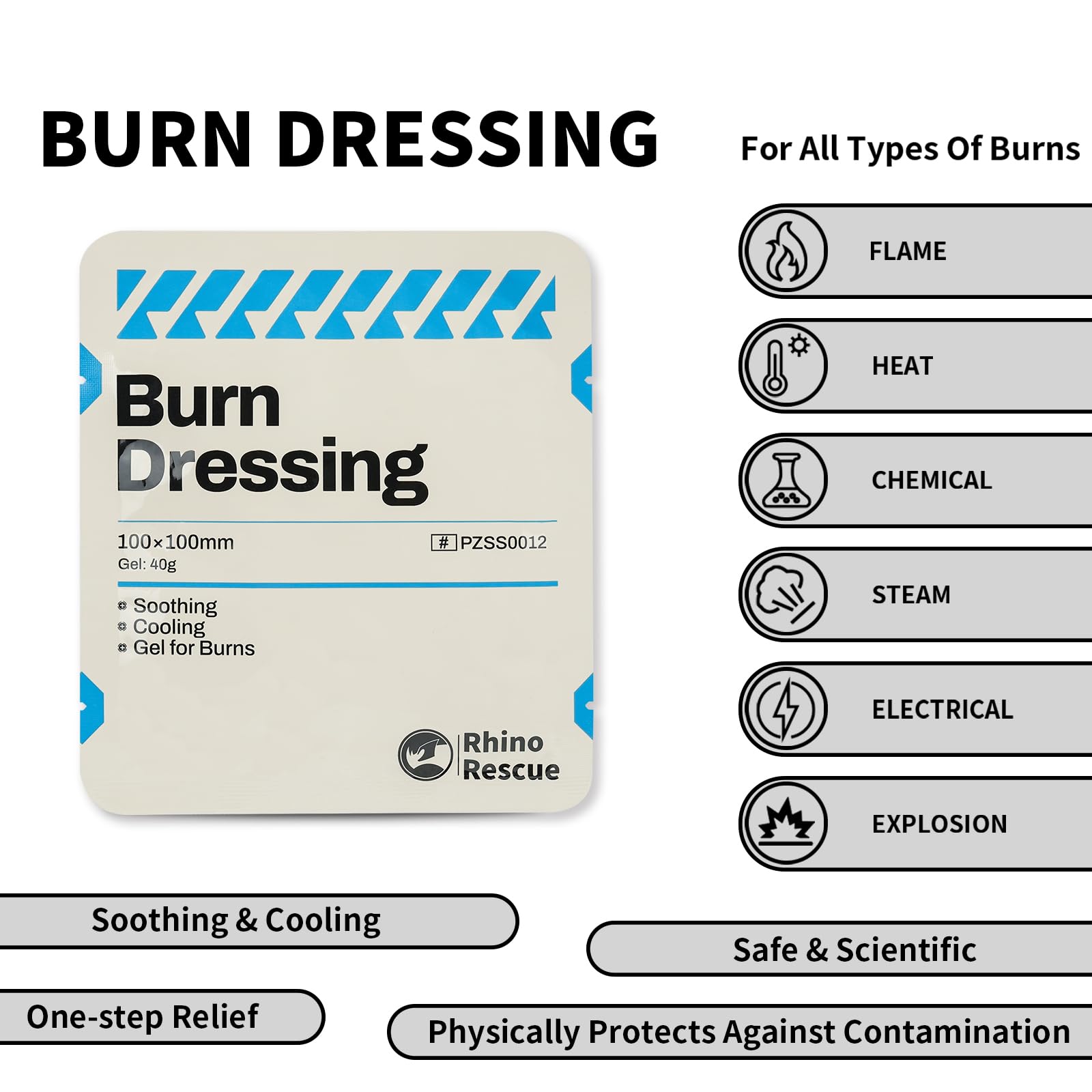 Rhino Rescue burn gel 3.5g packets for fast cooling relief.