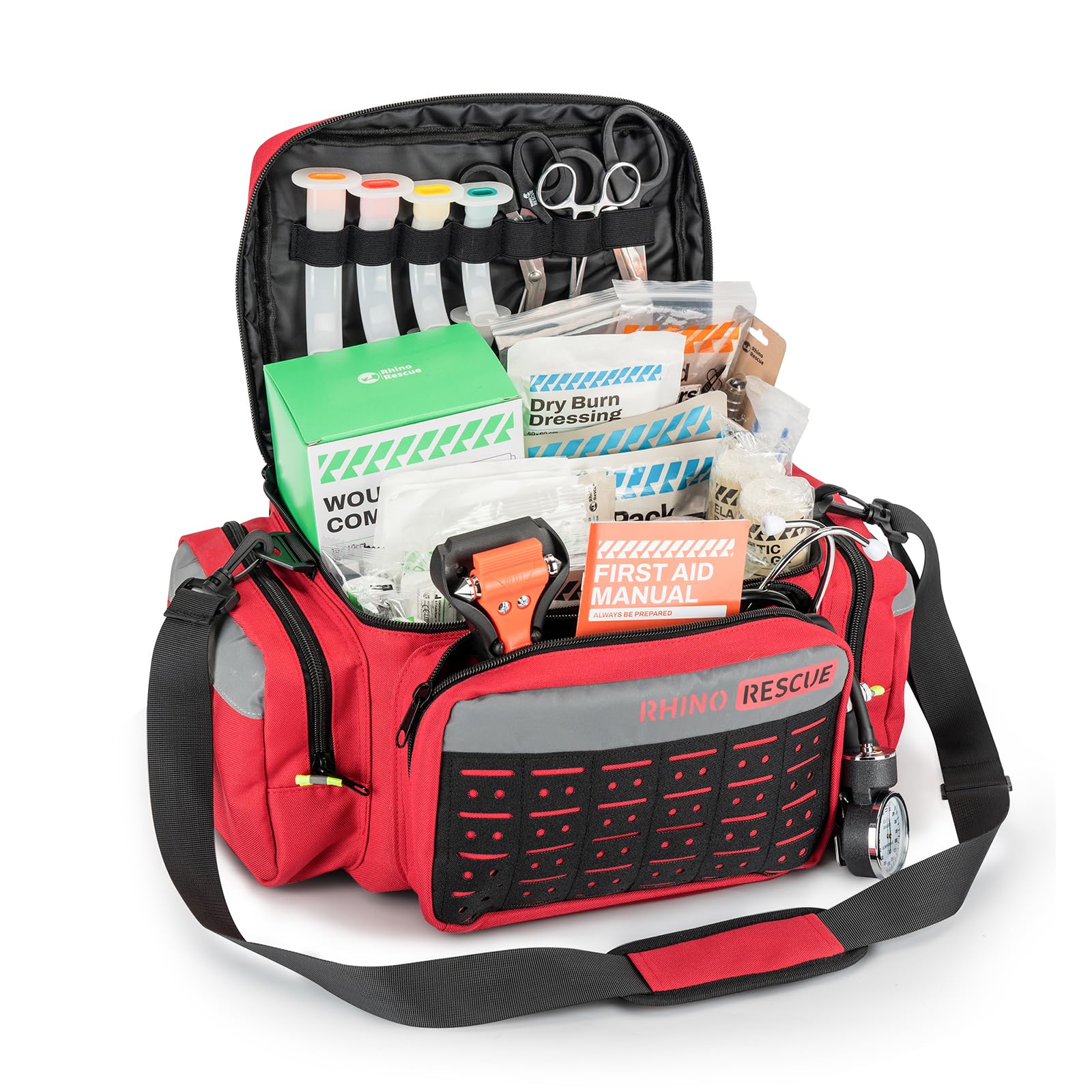 RHINO RESCUE EMT bag front view showing durable carry and reflective stripe.