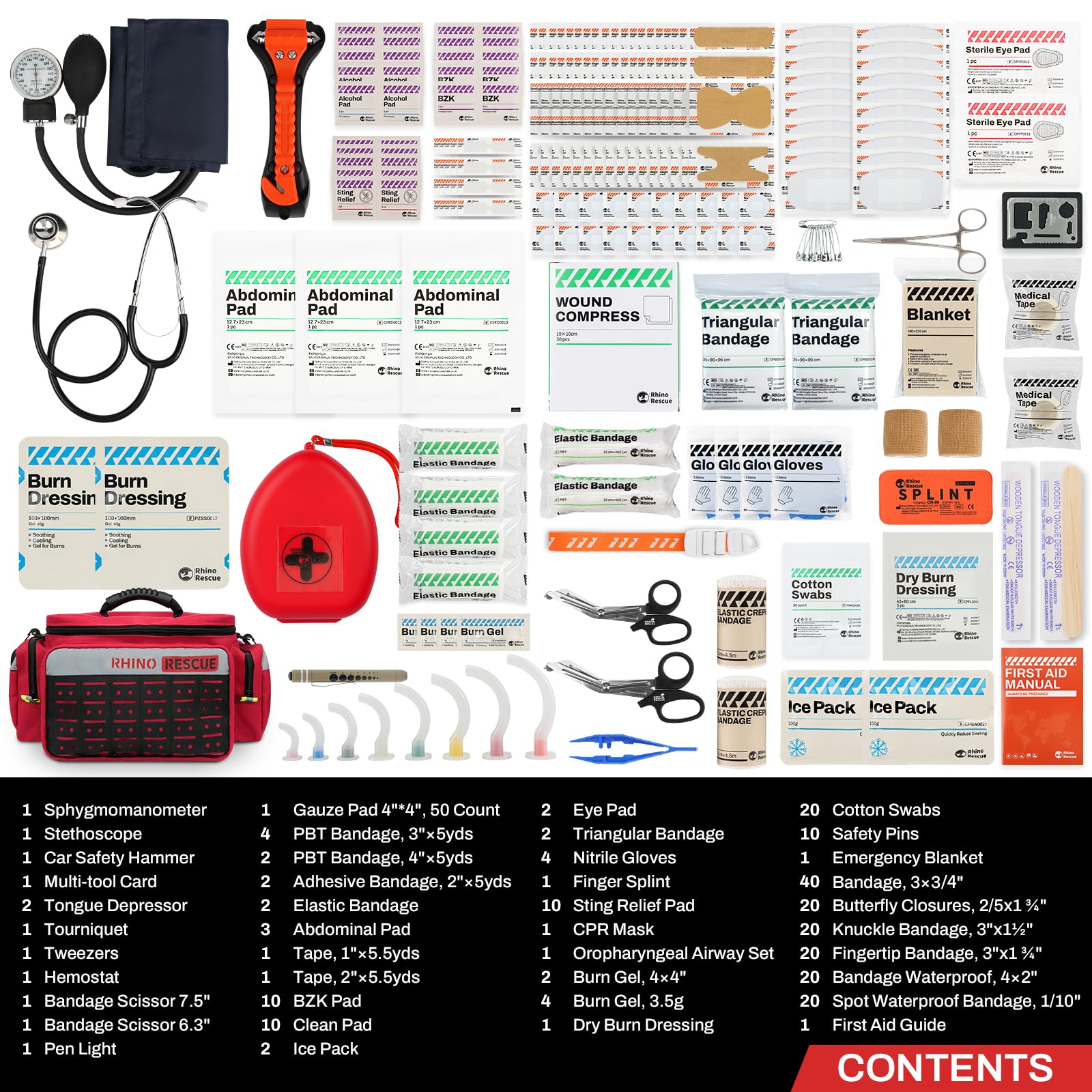 RHINO RESCUE bag open compartments for quick access to medical supplies.
