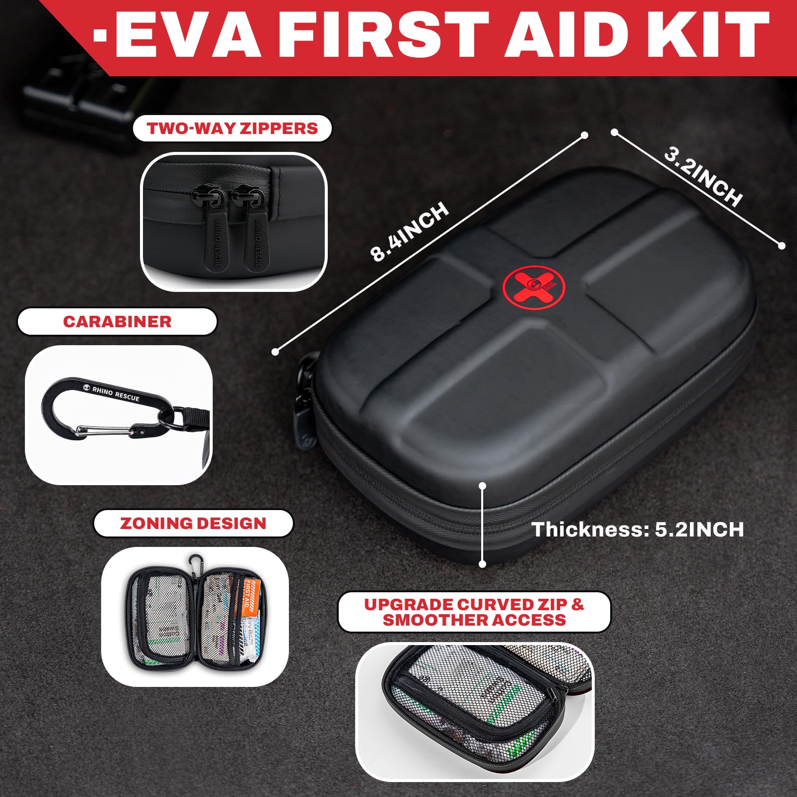 RHINO RESCUE EVA kit compact size fits bags, bikes, trips.