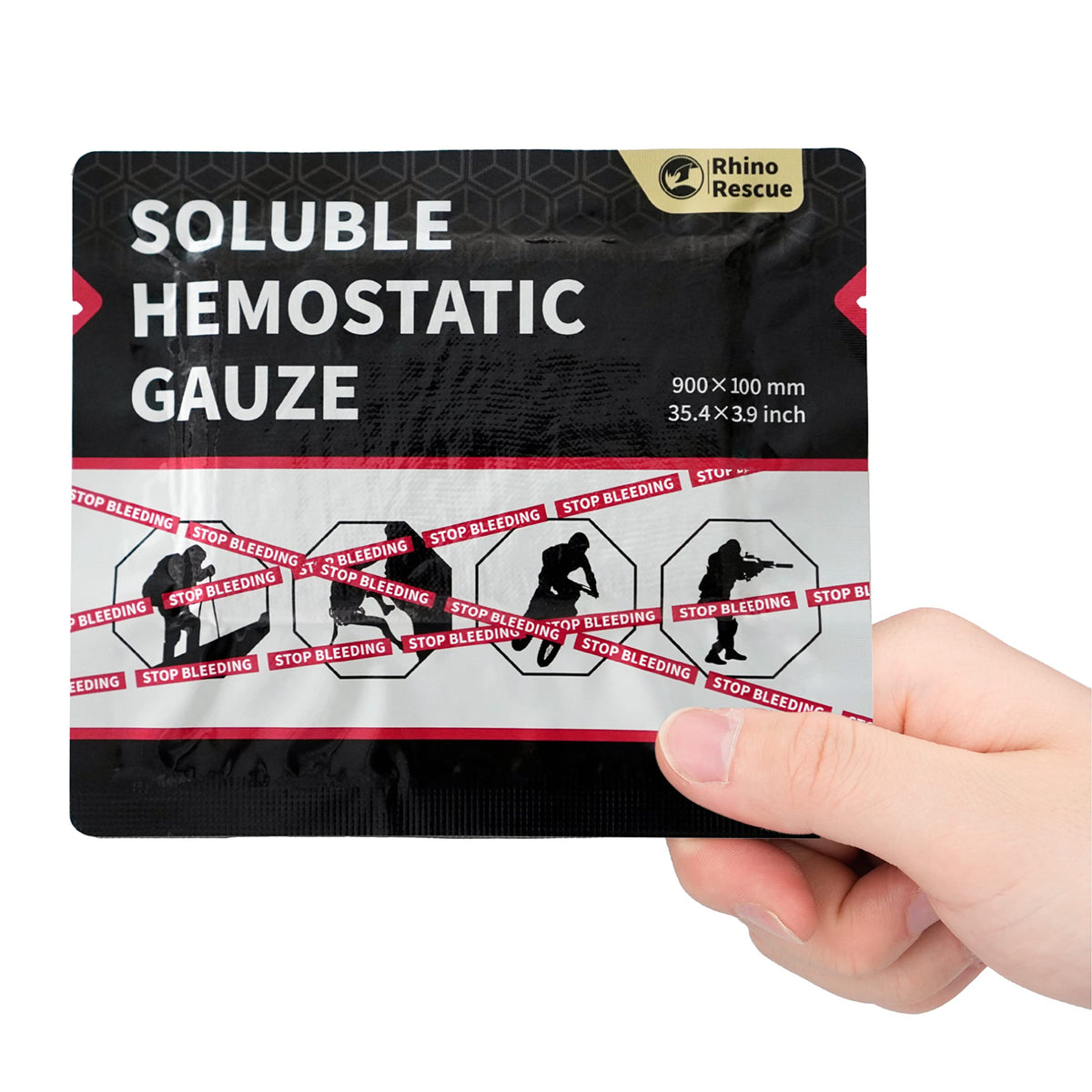 RHINO RESCUE hemostatic gauze dressing 4x35 application close-up for rapid bleeding control