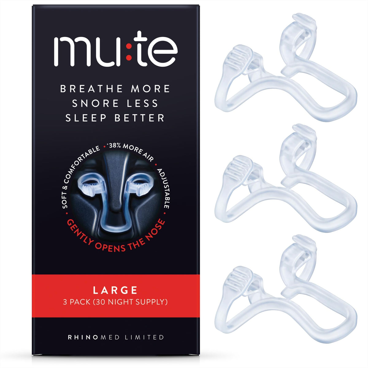 Rhinomed Mute large-pack front view showing the 3-pack for better sleep