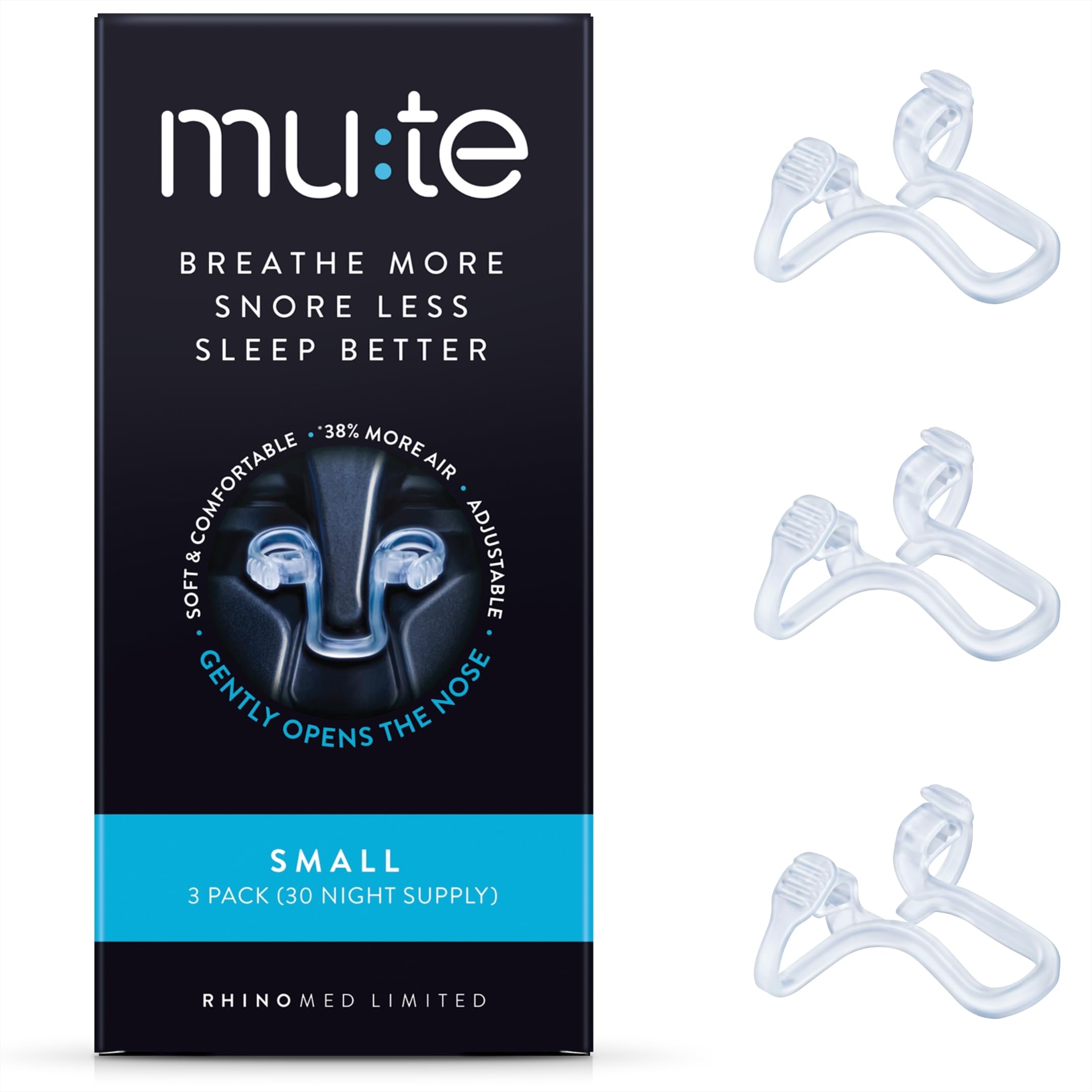 Rhinomed Mute nasal dilator small 3-pack for snore reduction and easier breathing.