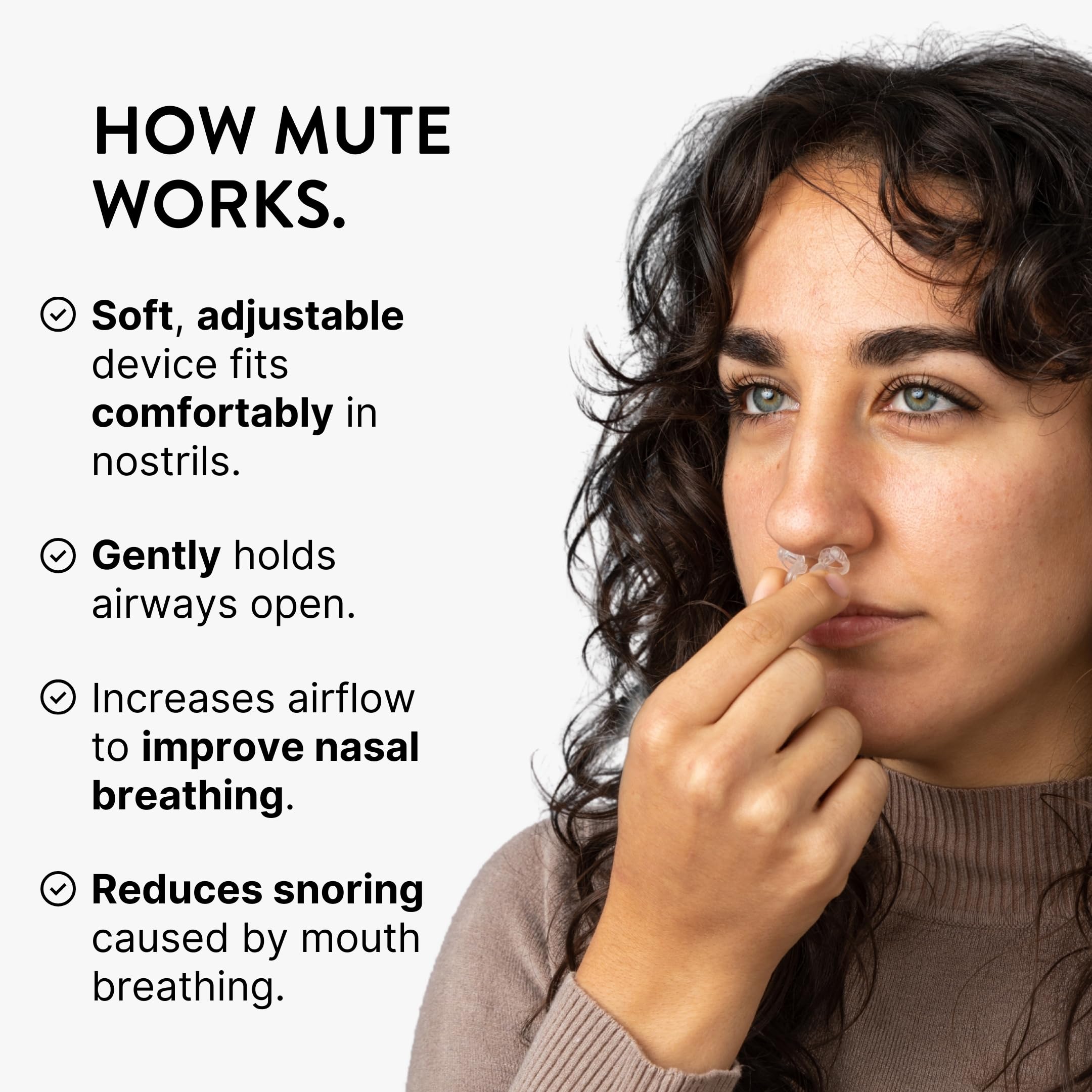 Rhinomed Mute stent-fit image highlights sizing options for first-time users.