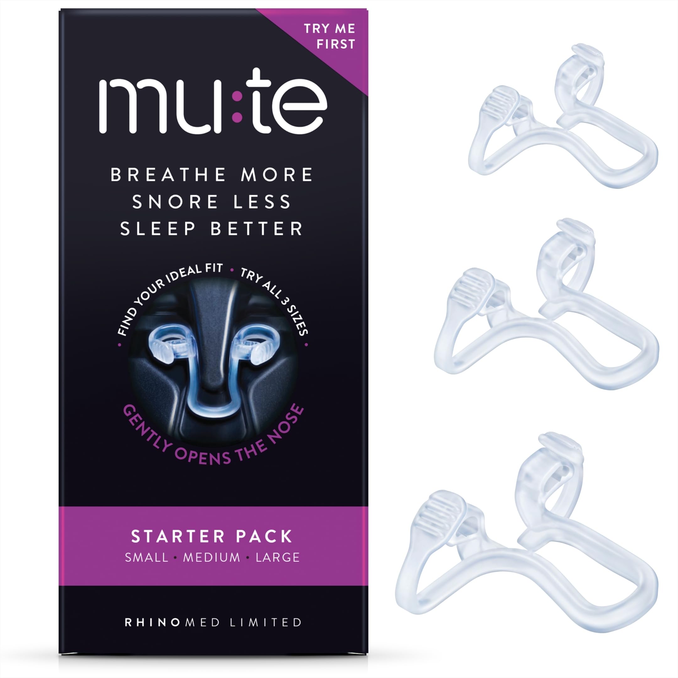 Rhinomed Mute Starter Pack unboxing with multiple sizes for trial fit and comfort.