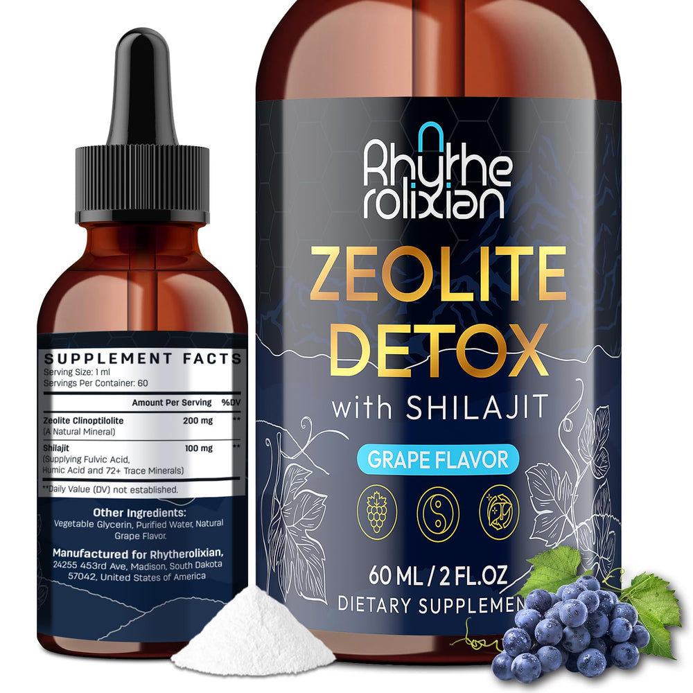Rhytherolixian Zeolite Detox Drops bottle with grape flavor for daily wellness