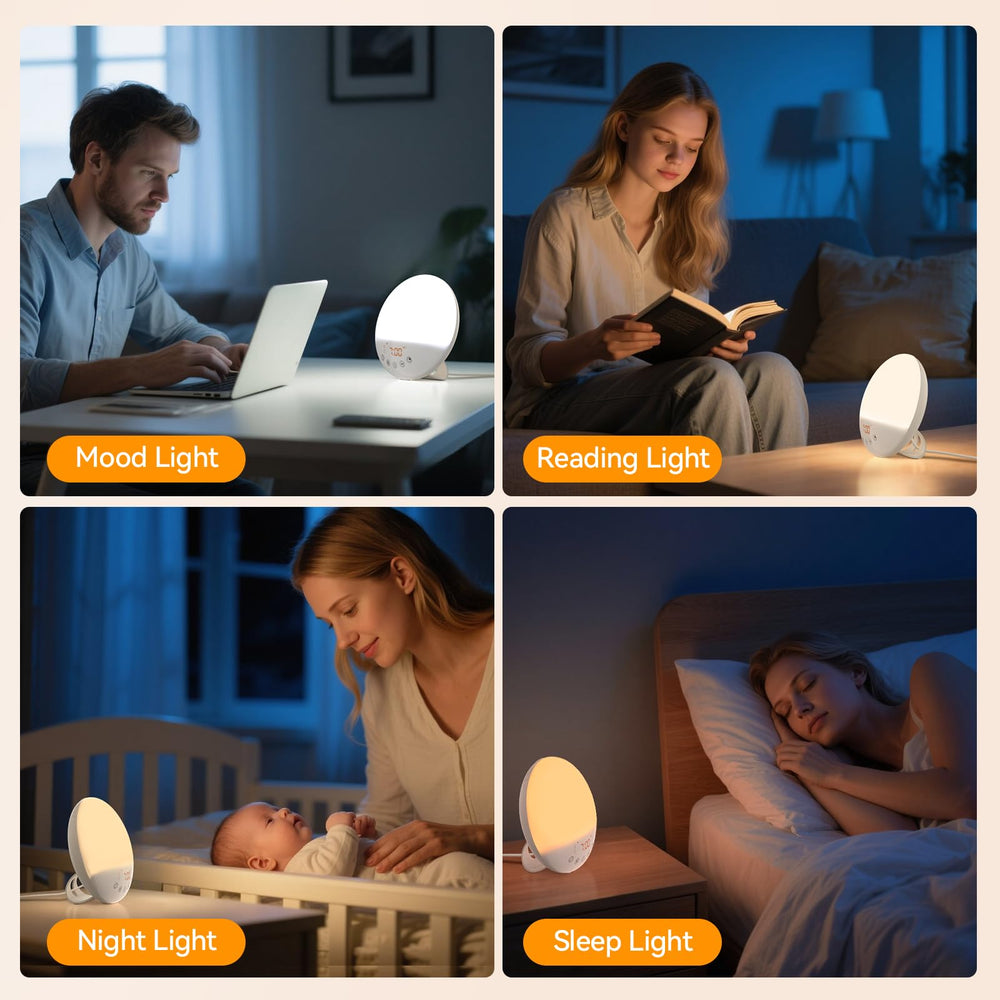 RICIAL Wake Up Light display options illustrate 12/24 hour formats and glare reduction.