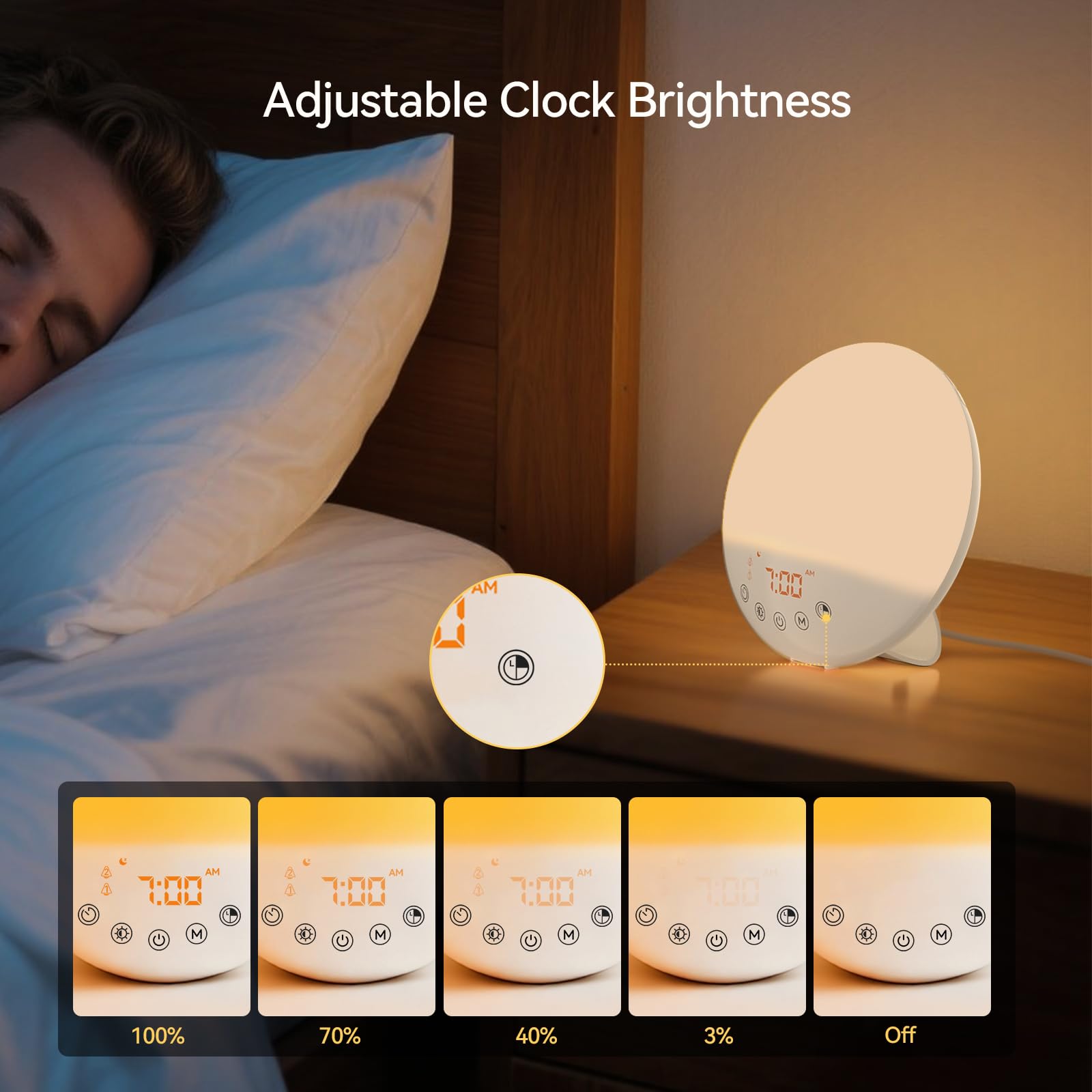 RICIAL Wake Up Light adjustable color temperatures for mood customization.