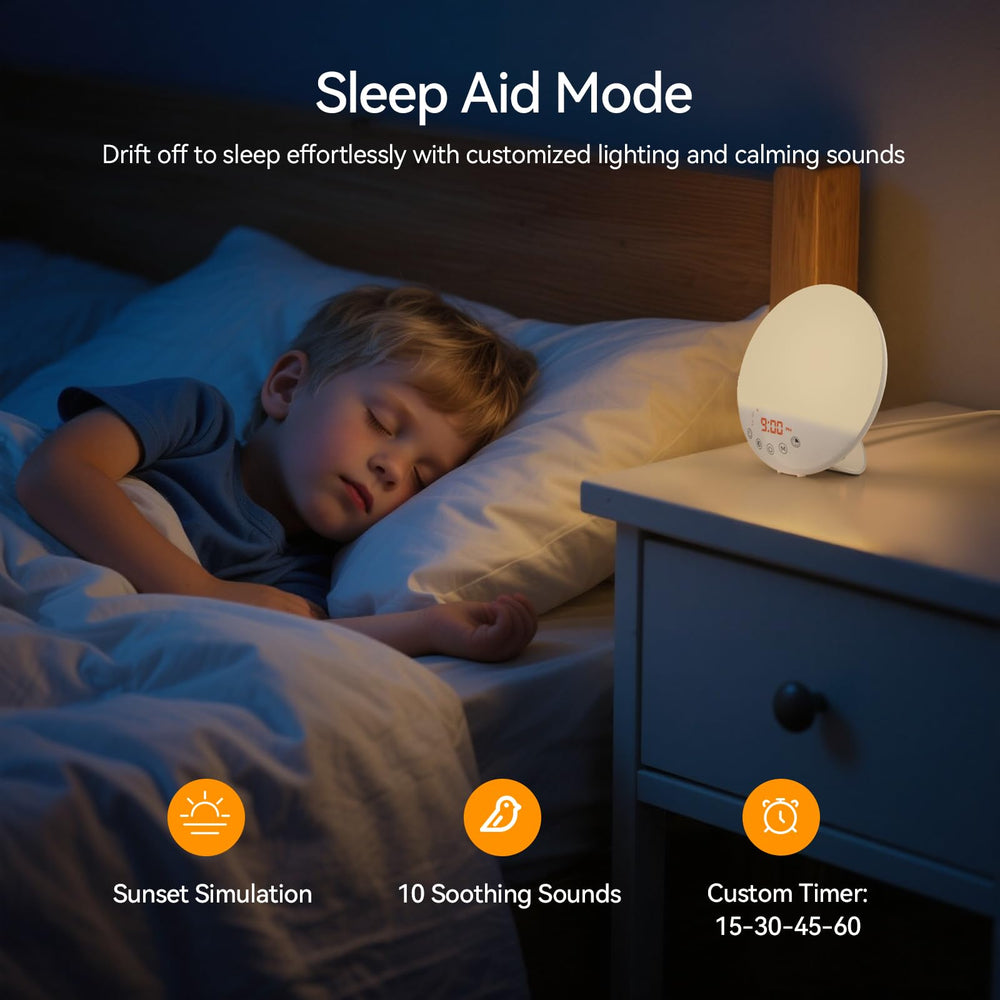 RICIAL Wake Up Light snooze button image conveys extra rest without harsh light.