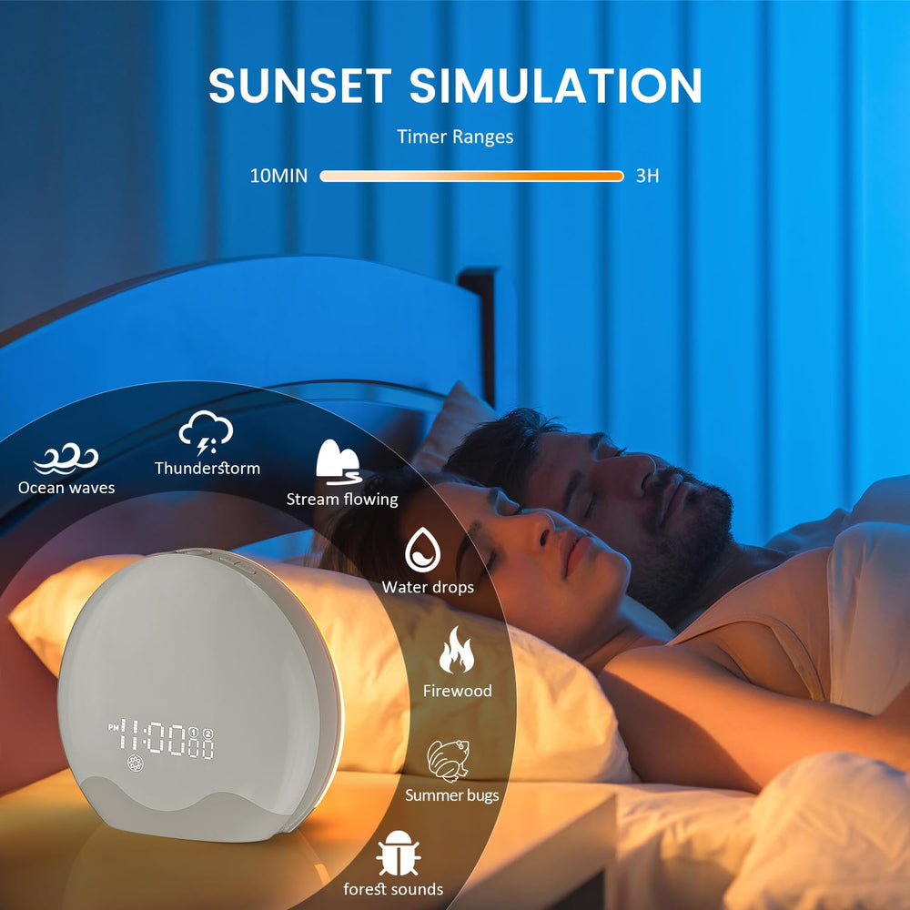 RICIAL sun-like alarm clock at 20 brightness levels for personalized mornings.