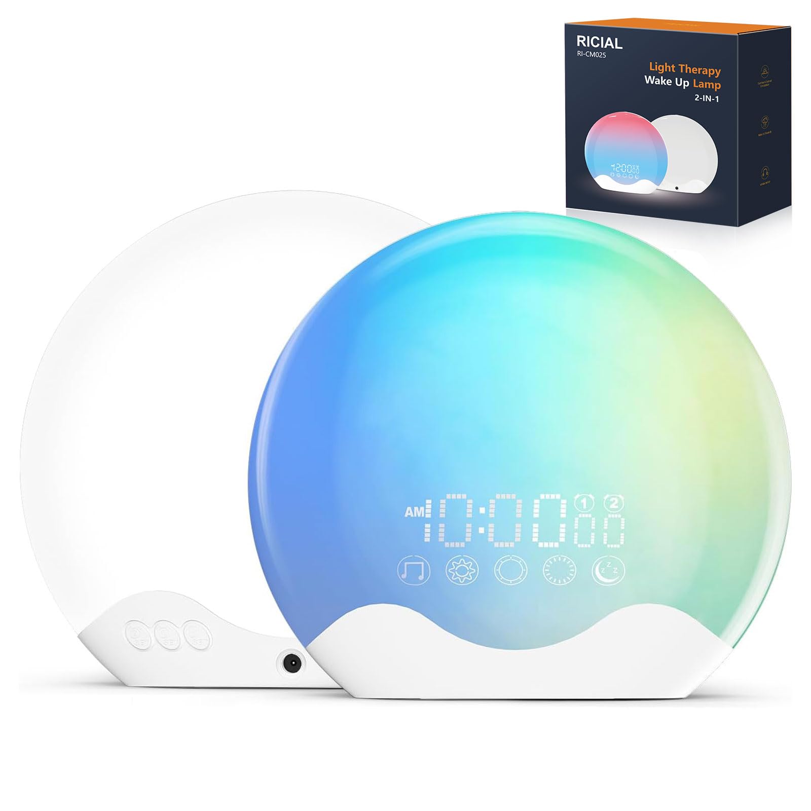 RICIAL light therapy lamp wakes you gently with a natural sunrise glow.