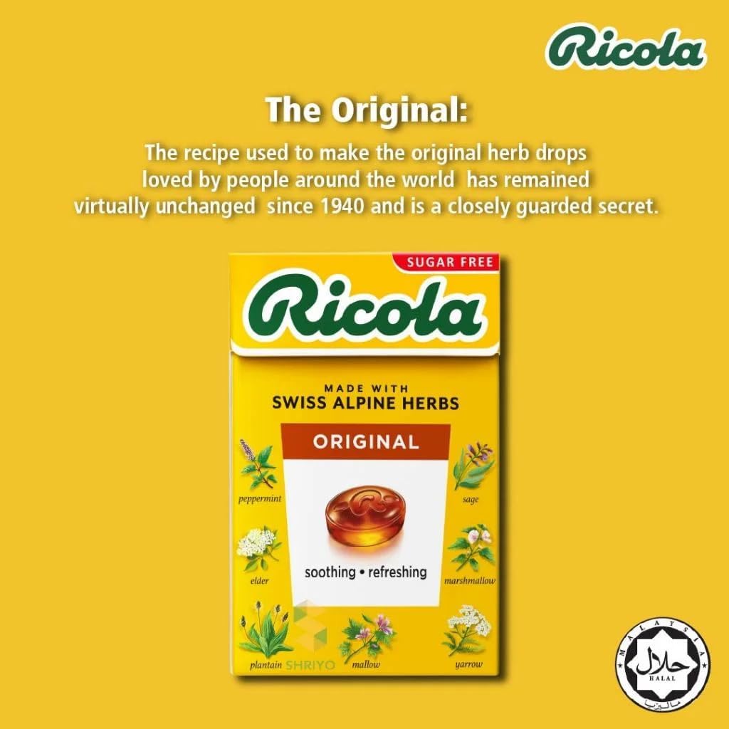 Ricola drops close-up highlights stevia-sweetened herbal blend and natural flavor.