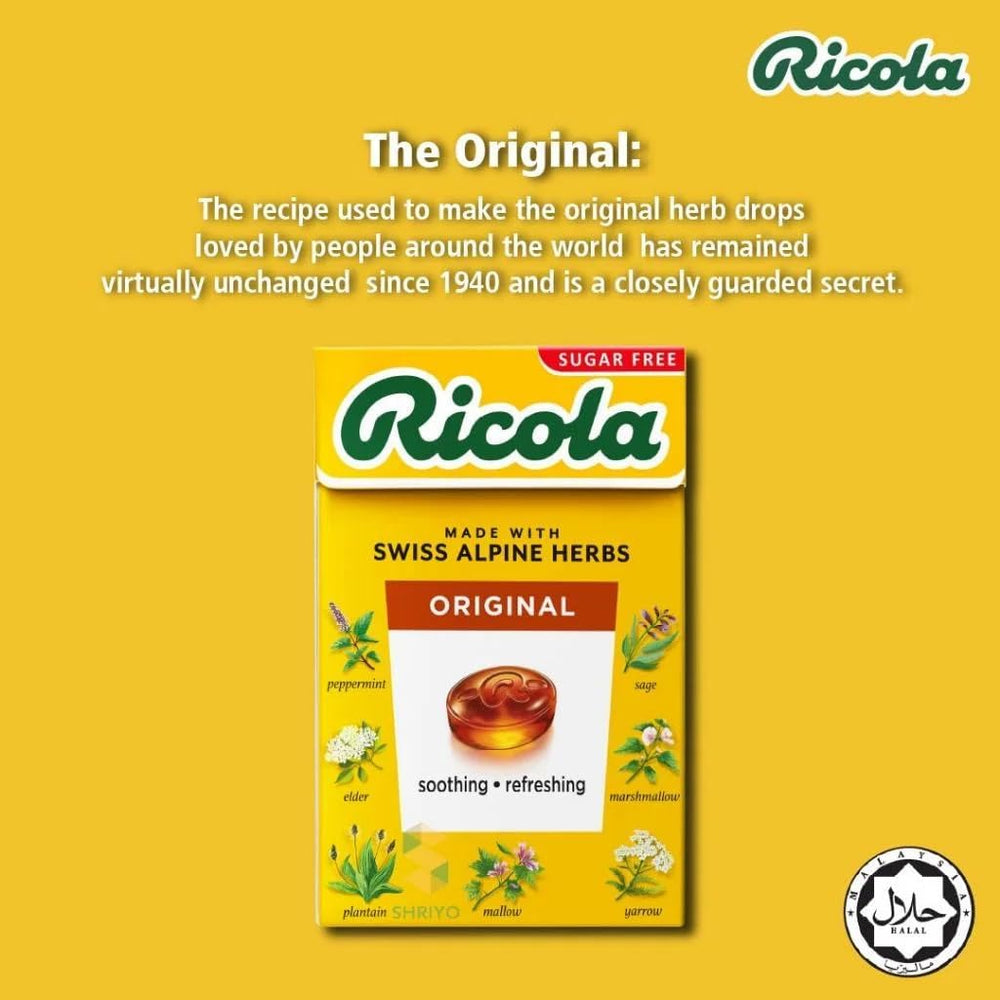 Ricola drops close-up highlights stevia-sweetened herbal blend and natural flavor.