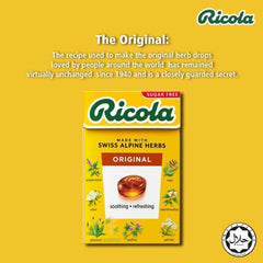 Ricola drops close-up highlights stevia-sweetened herbal blend and natural flavor.