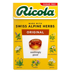 Ricola pack front shows sugar-free herb drops for on-the-go refreshment.