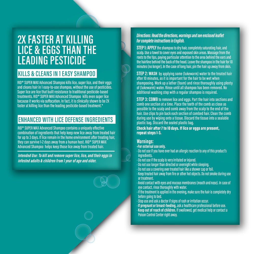RID Super Max Advanced Shampoo label includes usage directions and Spanish instructions