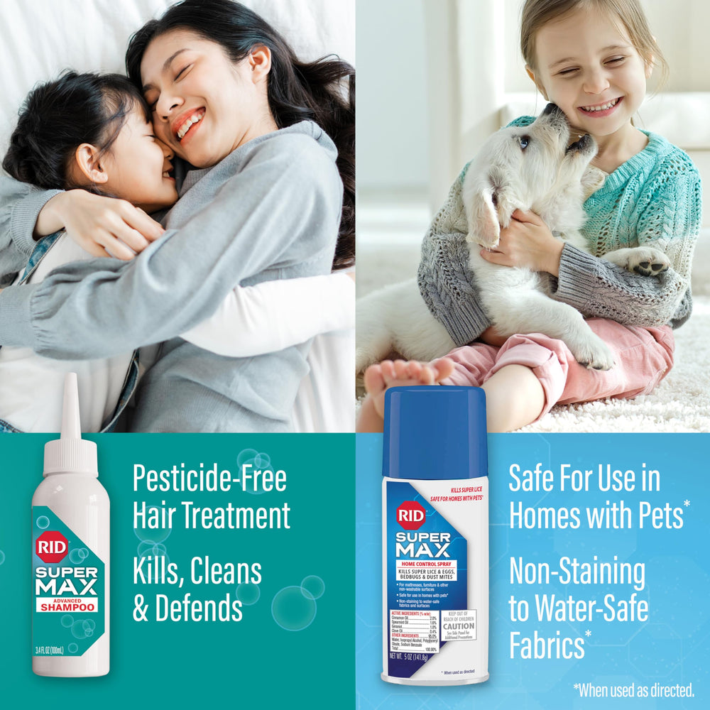RID SUPER MAX shampoo in use on a child’s hair for quick defense