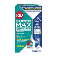 RID Super MAX shampoo bottle close-up highlights quick lice action for kids