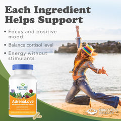 RidgeCrest AdrenaLove bottle label highlighting adaptogens and energy support.