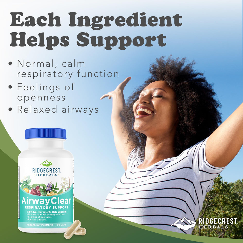 RidgeCrest AirwayClear label detailing natural ingredients for airway wellness.